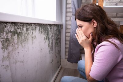 Types of mold in the apartment, woman horrified